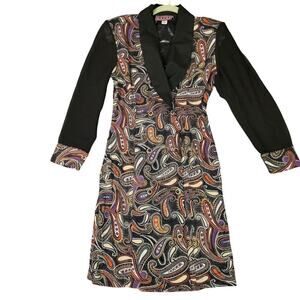 Vintage Vivi Womens Paisley Button Down Dress S Black Shawl Neck Sheer Sleeve